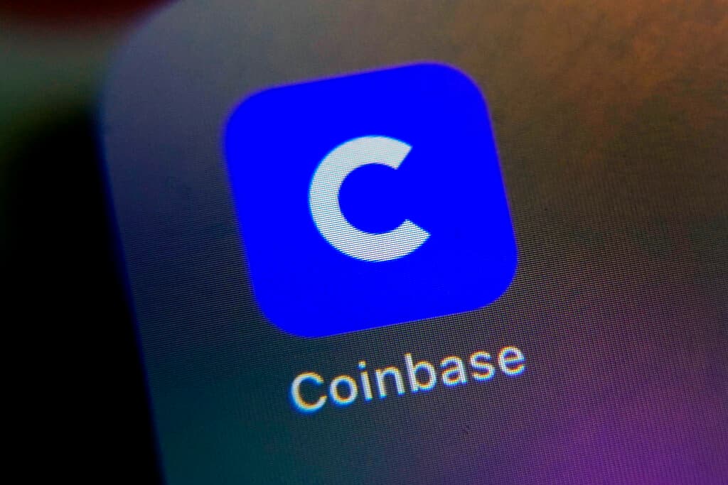 The mobile phone icon for the Coinbase app. AP/Richard Drew, file